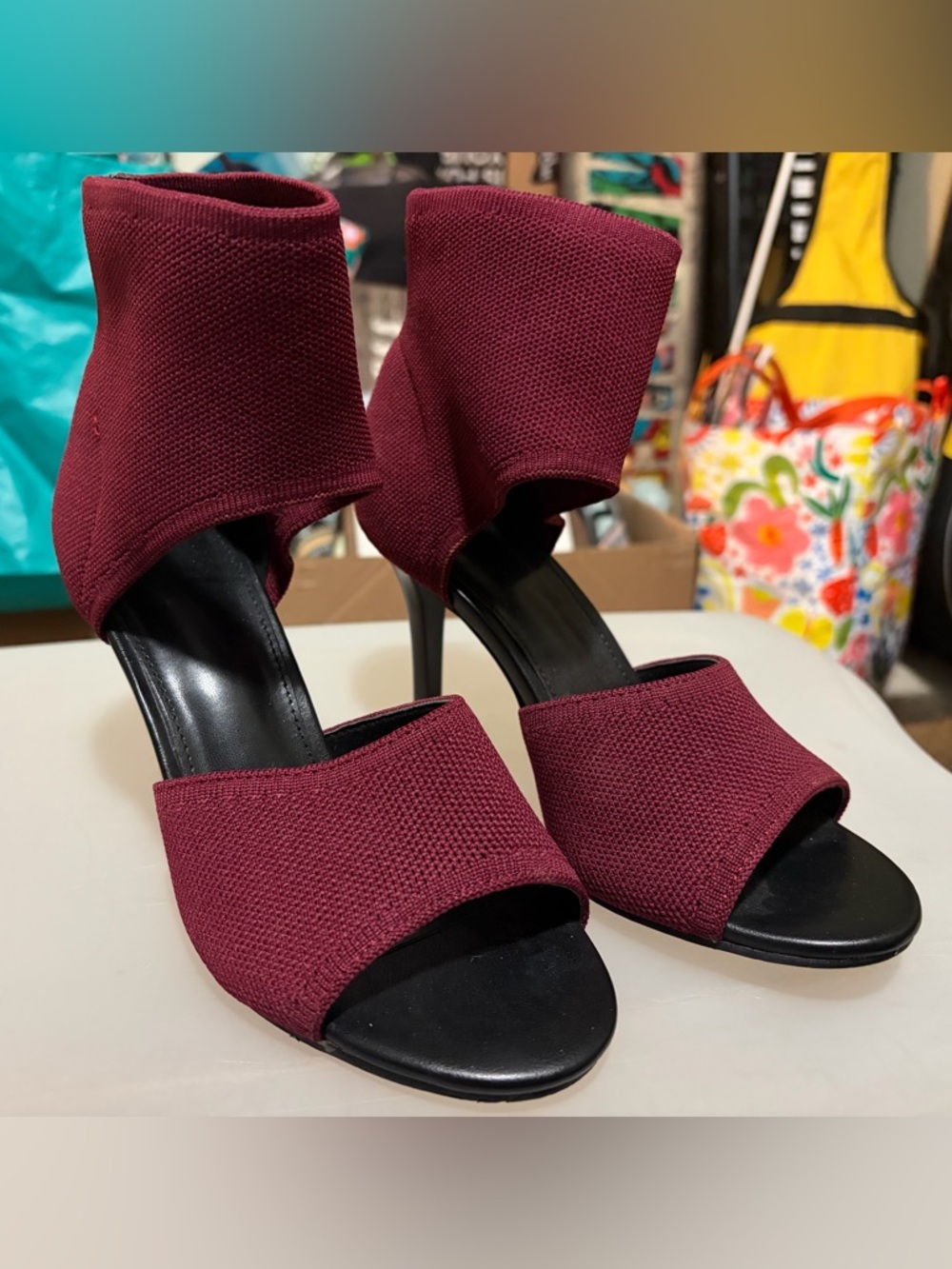 Women's Burgundy Open-Toe Stretch Ankle Cuff Heels